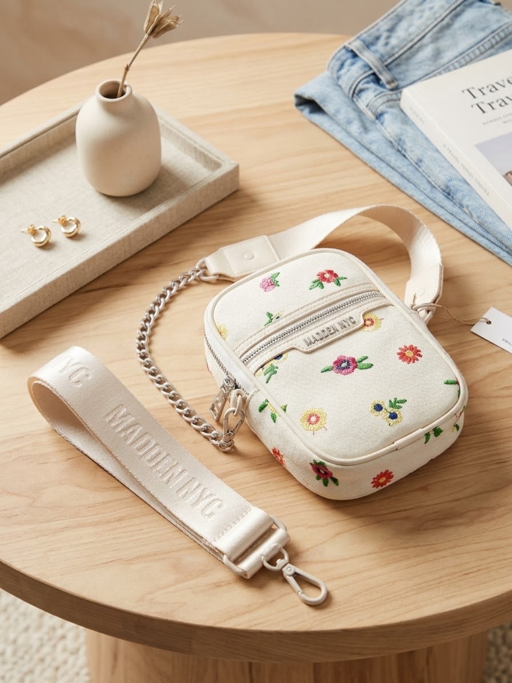 Embroidered Floral Cream Crossbody Bag with Detachable Strap